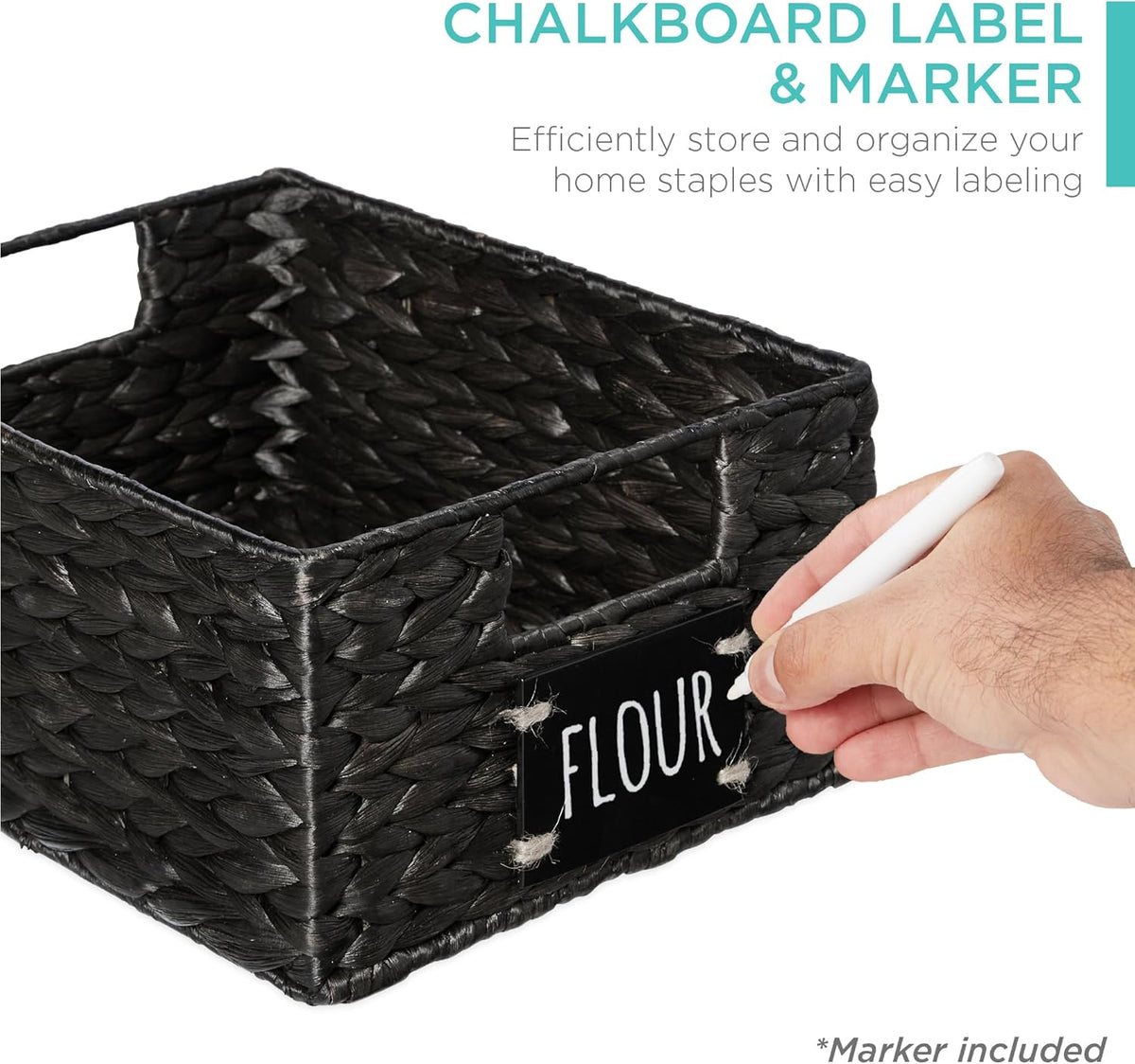Best Choice Products Set of 4 9x12in Water Hyacinth Pantry Baskets, Woven Organizers w/Chalkboard Label, Chalk Marker - Black