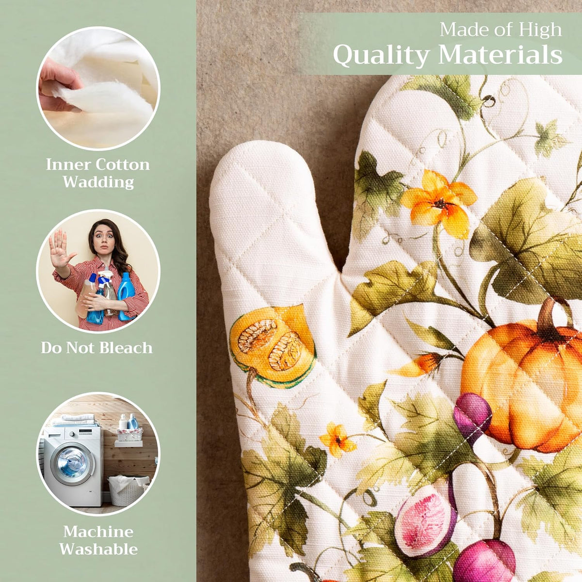 Maison d' Hermine Oven Gloves 100% Cotton Oven Mitt 7" x 13" with Loop Heat Resistant, BBQ, Cooking Gloves, Baking, Grilling, Kitchen, Handling Hot Pans (Pack of 1, Pumpkin Garden - Cloudy Cream)