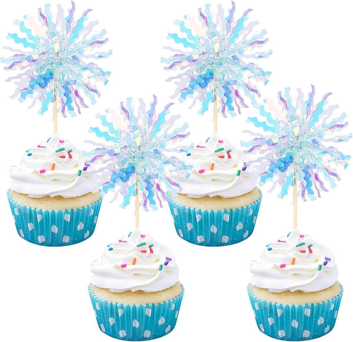 30 PCS Foil Firework Cupcake Toppers Sparkle Tinsel Cupcake Picks Happy Birthday Cake Toppers Drink Stirrers Cocktail Food Fruit Toothpicks for Baby Shower Wedding Party Decorations Supplies Blue