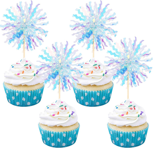 30 PCS Foil Firework Cupcake Toppers Sparkle Tinsel Cupcake Picks Happy Birthday Cake Toppers Drink Stirrers Cocktail Food Fruit Toothpicks for Baby Shower Wedding Party Decorations Supplies Blue