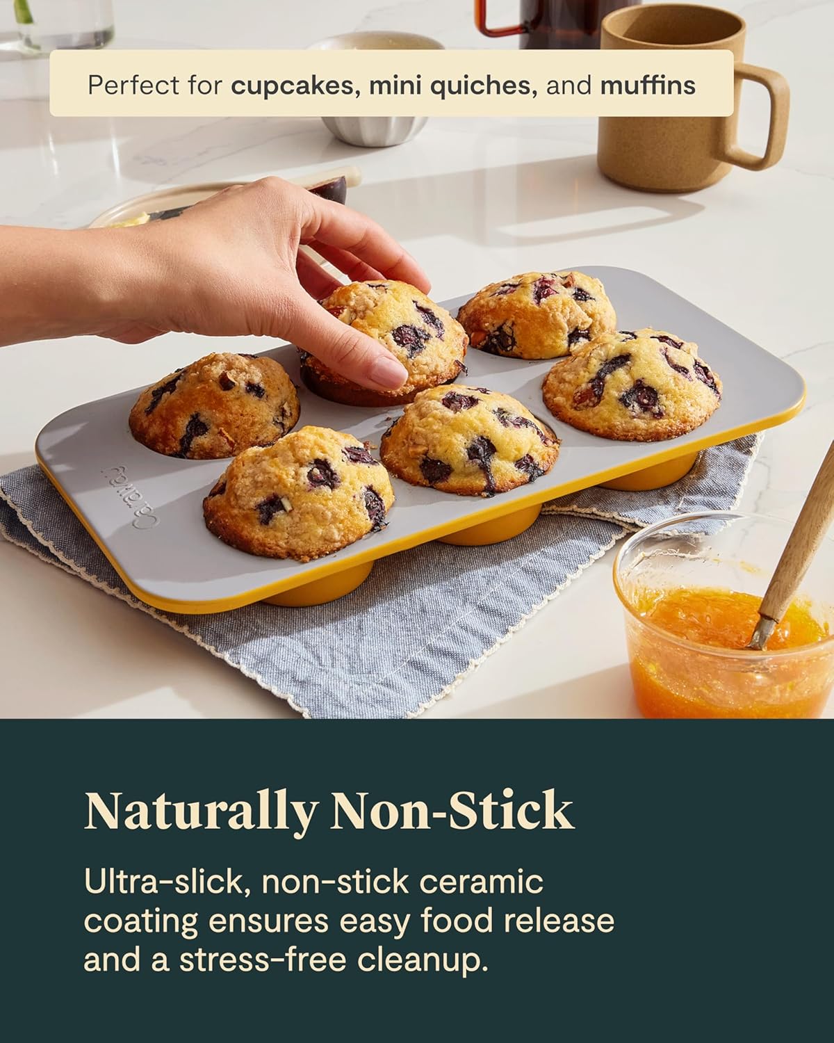 Caraway Nonstick Ceramic 6 Cup Muffin Pan Duo – Non-Toxic, PTFE & PFOA Free – Oven Safe – Aluminized Steel Core – Small Muffin Pan for Baking Cupcakes, Muffins & More - Marigold