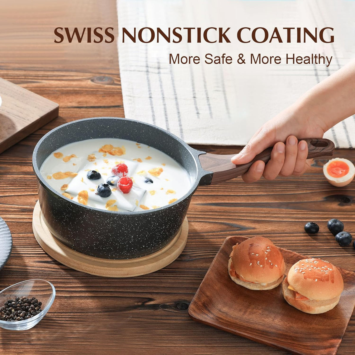 SENSARTE Nonstick Sauce Pan with Lid Saucepan Set, Swiss Granite Coating Sauce Pot Kitchen Cooking Pot, Induction Comptable, Free of Intentionally Added PFOA, 1.5 + 2.5 QT
