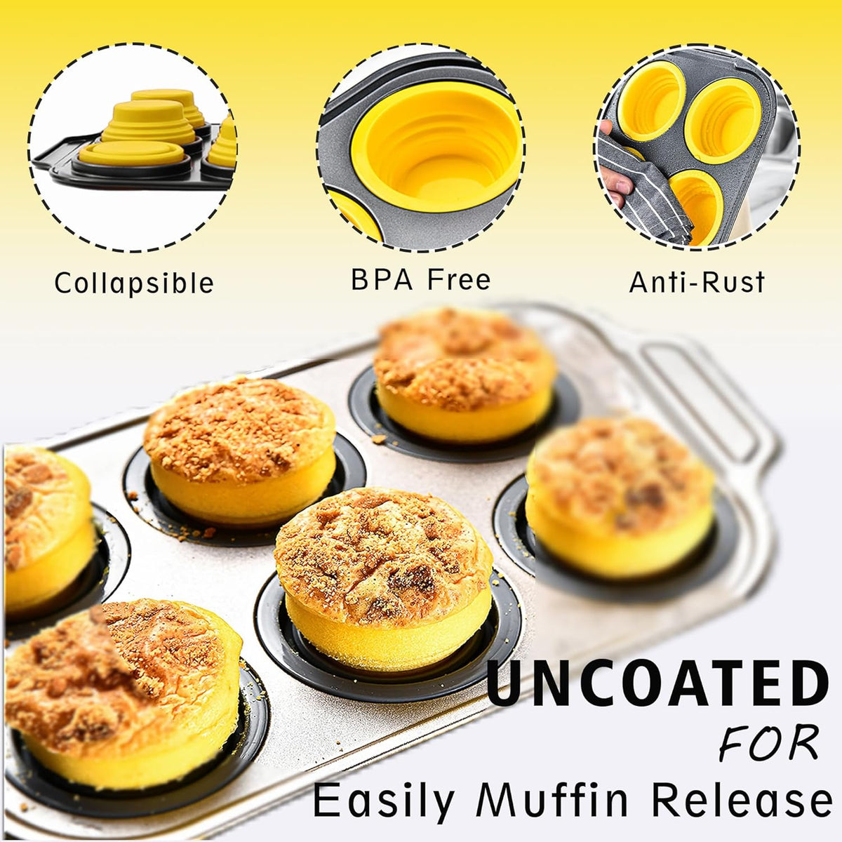 Silicone Muffin Pan Set, 6 Cups Cupcake Pan, With Metal Frame Nonstick Press to Easily Pop Out for Baking Homemade Muffins,Breads, Cupcakes, Egg Bites, BPA-Free Silicone (Yellow, 6Cups)