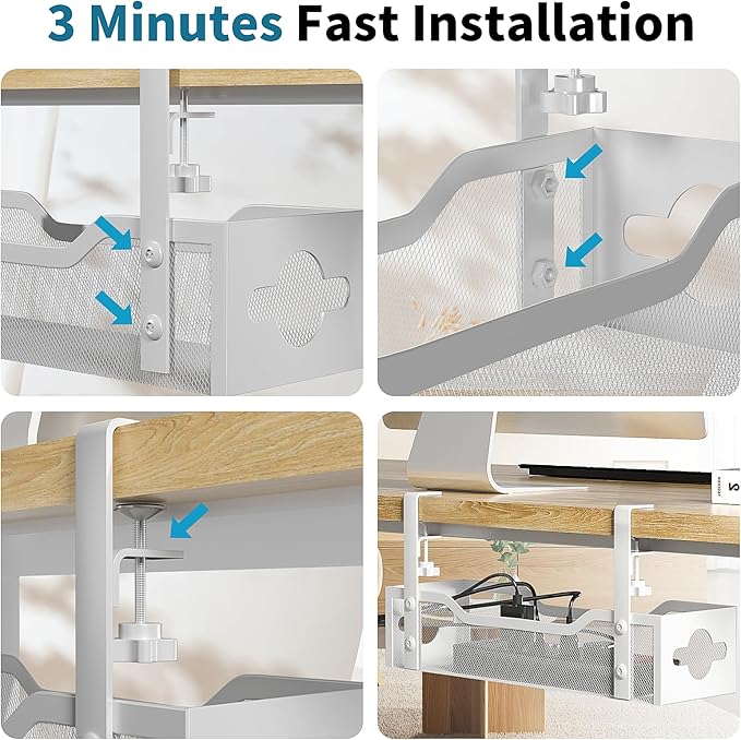 Under Desk Cable Management Tray No Drill, 13.38'' Metal Tray with Clamp for Wire Management, Litwaro Cord Organizer Home Office Damage to Standing Desk, White