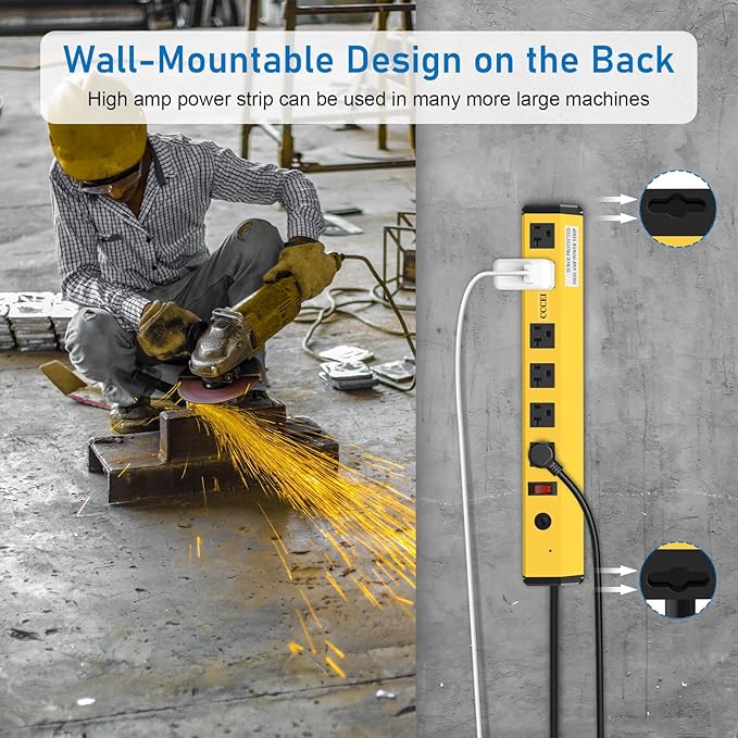 CCCEI Heavy Duty Power Strip Surge Protector 20 Amp, High Amp Industrial Shop Garage Metal Multiple Outlets, 6 FT 12 Gauge 5-15P Extension Cord 6 Outlet 6-20R T-Slot 20a for Appliance, Yellow.