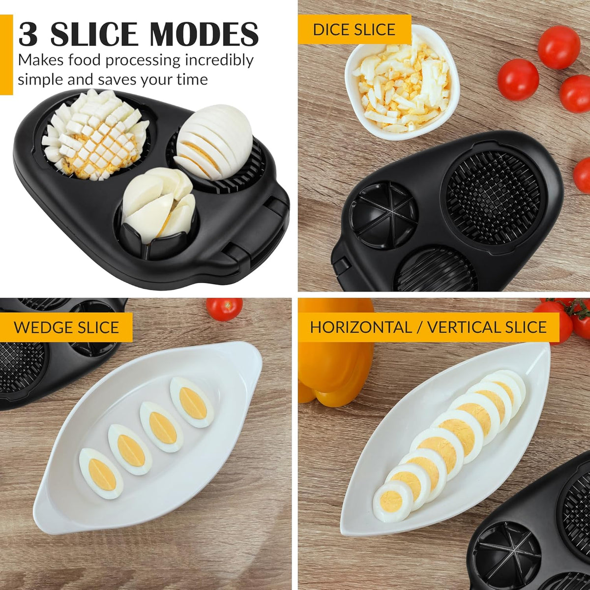 CraftyCrocodile Egg Slicer for Hard Boiled Eggs - 3 Slice Modes Egg Cutter, Heavy Duty, Stainless Steel Dicer - Kitchen Chopper Tool for Strawberry, Mushroom, Grape, Cherry Tomato - Black