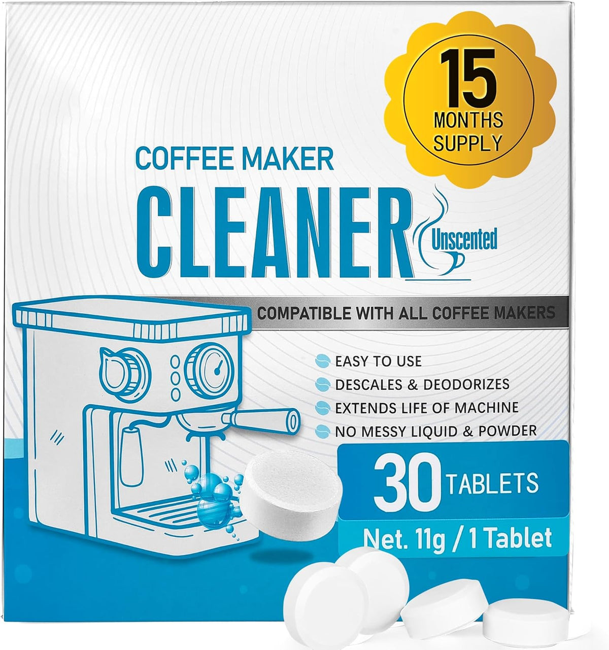 Poesie 30 Count Coffee Machine Cleaning Tablets, Coffee Maker Cleaner and Descaler for All Coffee Machine