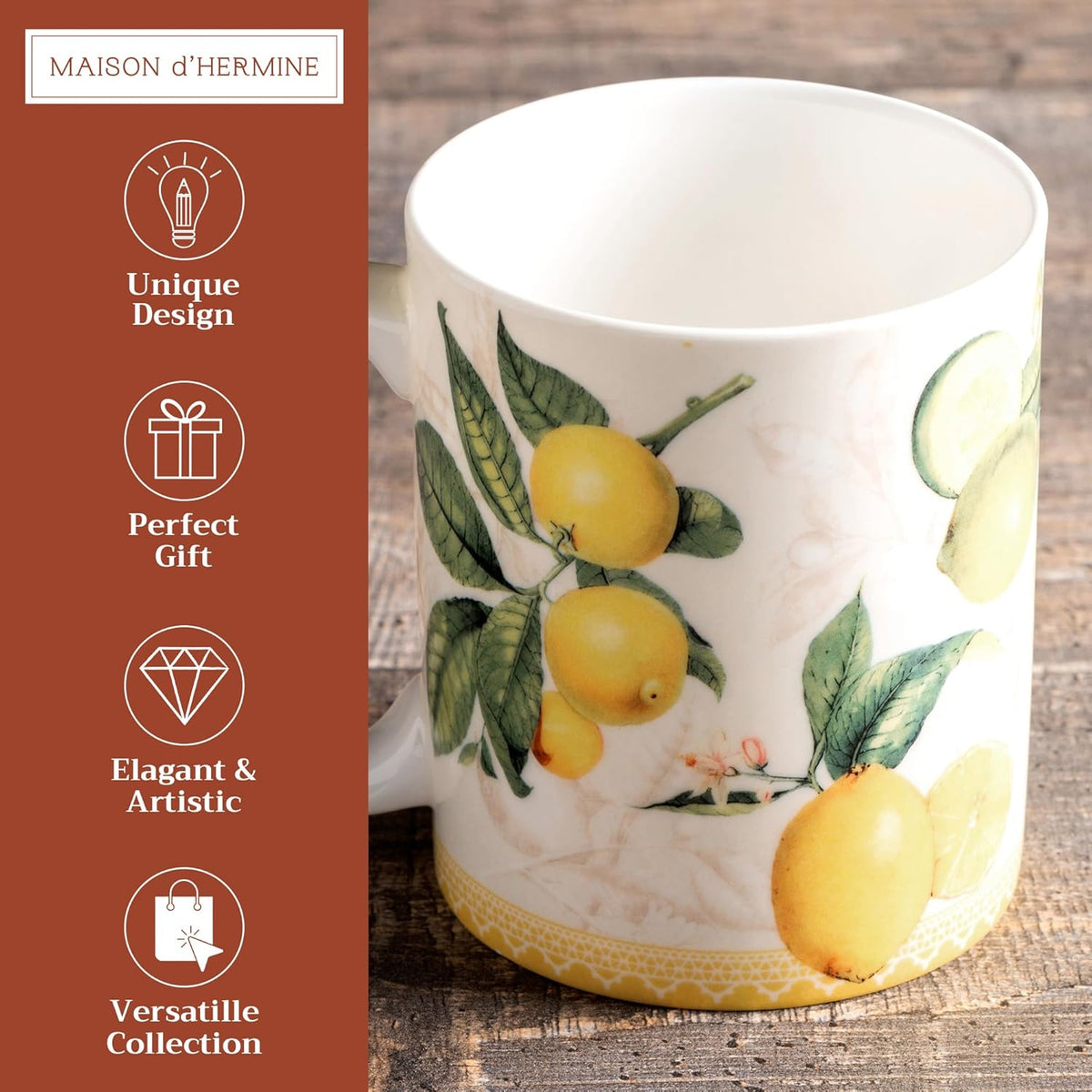 Maison d' Hermine Coffee Mug with Handles Fine Bone China Mugs Pack of One Tea Cups for Hot Beverages Cappuccino Latte Home Restaurant Office Perfect for Gift (Limoncello - Verna, 15 Ounce)
