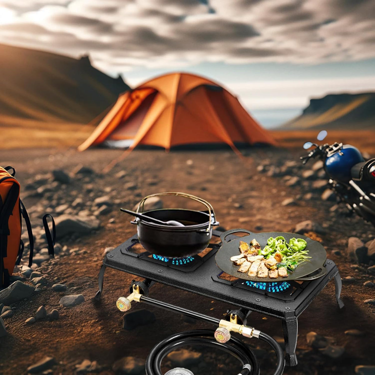 Vivicreate Cast Iron Propane Gas Stove Double Burner Heavy Duty Portable Removable Outdoor Cooker 200LB Support High Heat for Camping BBQ Fogon de Gas Estufa de Gas Portatil Parrillas de Gas