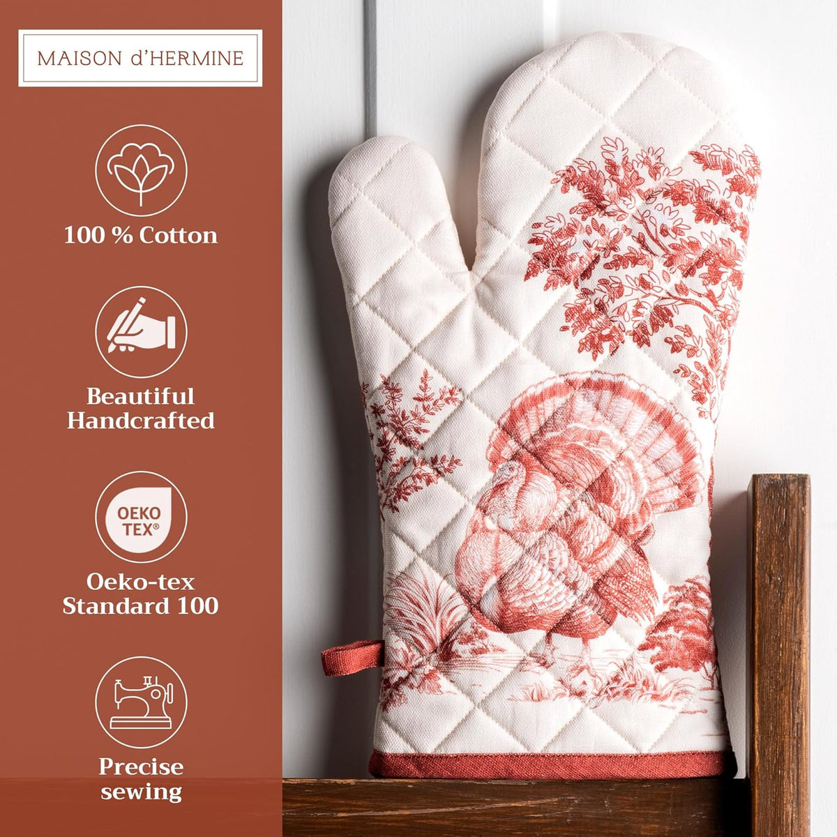 Maison d' Hermine Oven Gloves 100% Cotton Oven Mitt 7" x 13" with Loop Heat Resistant, BBQ, Cooking Gloves, Baking, Grilling, Kitchen, Handling Hot Pans (Pack of 1, Holy Jouy - Red)