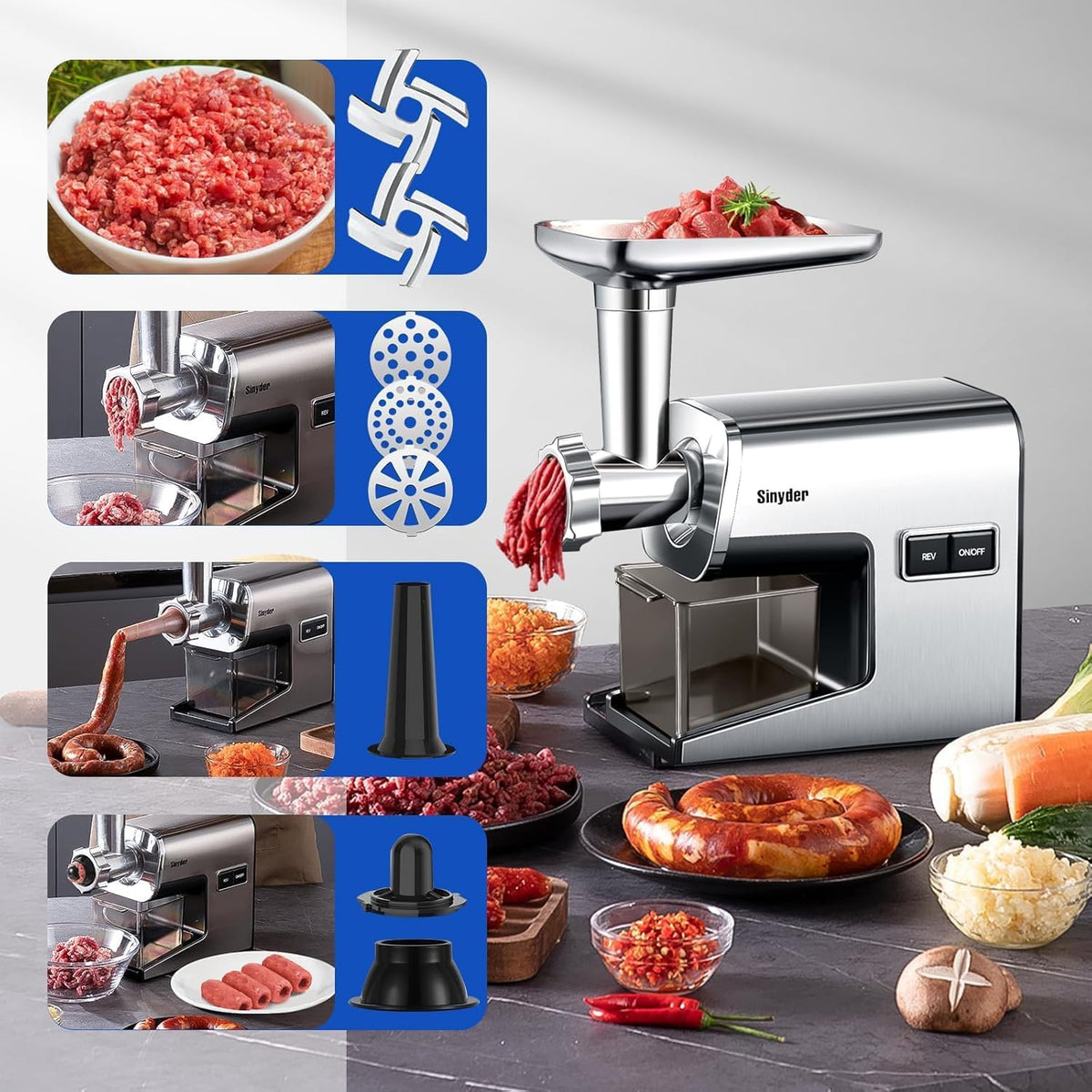 Electric Meat Grinder,3000 Max Heavy Duty Stainless Steel Meat Mincer with 2 Blades,3 Grinding Plates,Sausage Stuffer Tubes & Kubbe Kit for Home & Kitchen Using
