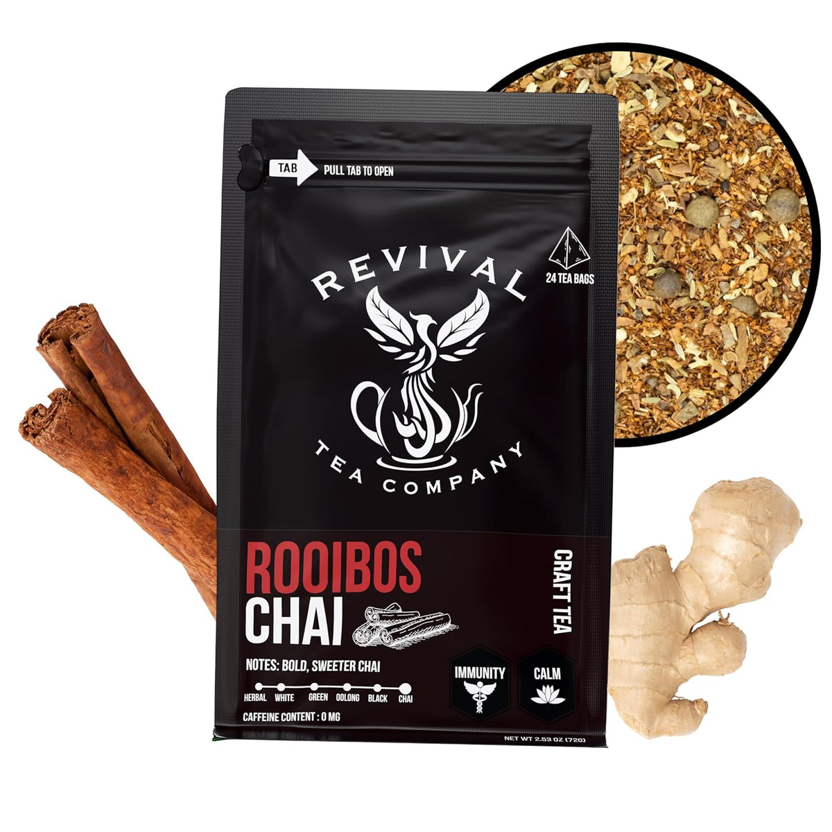 Revival Tea Company Rooibos Chai Tea - Rooibos Red Tea Blend with Fresh Spiced Chai Flavor - Caffeine Free - 24 Tea Bags