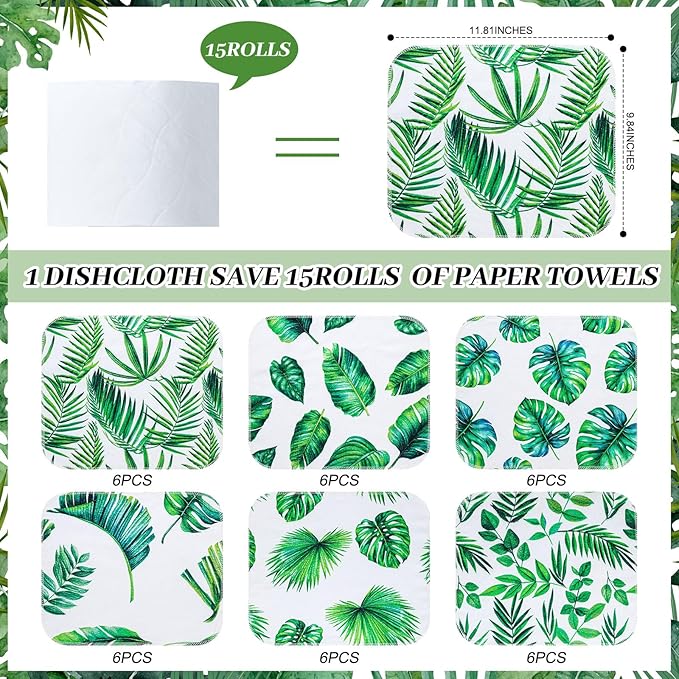 36 Count Reusable Cleaning Cloths Washable Cotton Kitchen Towels for Home(Leaves Style,Green)