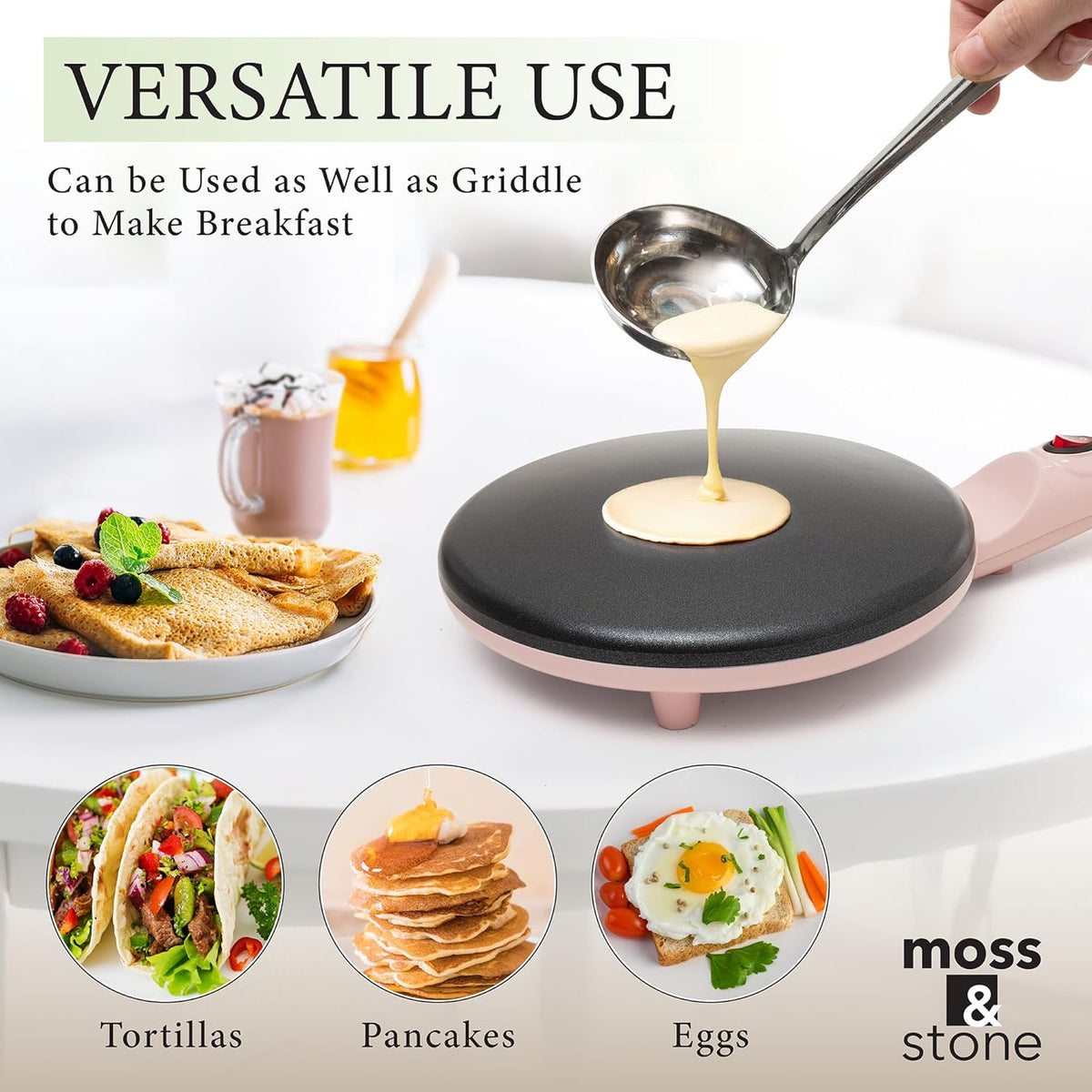 Moss & Stone Pink Electric Crepe Maker 8 Inch, Portable Crepe Maker & Hot Plate Cooktop On/Off Switch, Nonstick Coating, Automatic Temperature Control, Easy To Use For Pancakes, Blintz