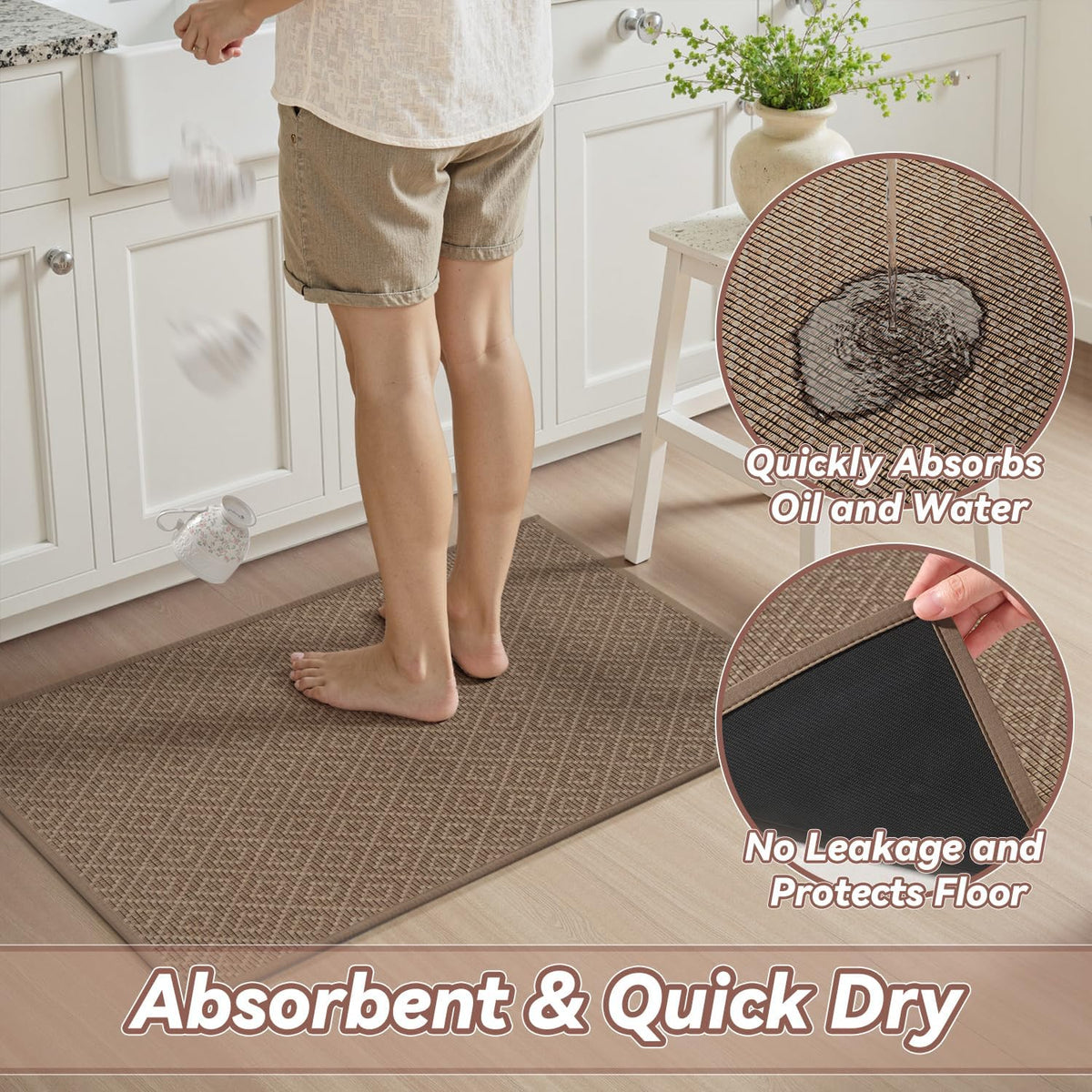 PADOOR Kitchen Floor Mat, Rubber Backed Kitchen Rugs Non Slip Washable, Super Absorbent Kitchen Mats for Floor Front of Sink, 20"x32" Brown