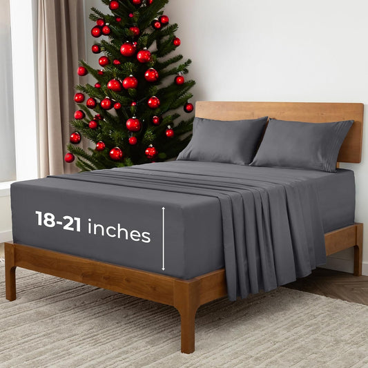 Mellanni Extra Deep Split King Sheets - 5 PC Iconic Collection Bedding - Hotel Luxury, Ultra Soft, Cooling Bed Sheets - Wrinkle, Fade, Stain Resistant (Split King, Gray)