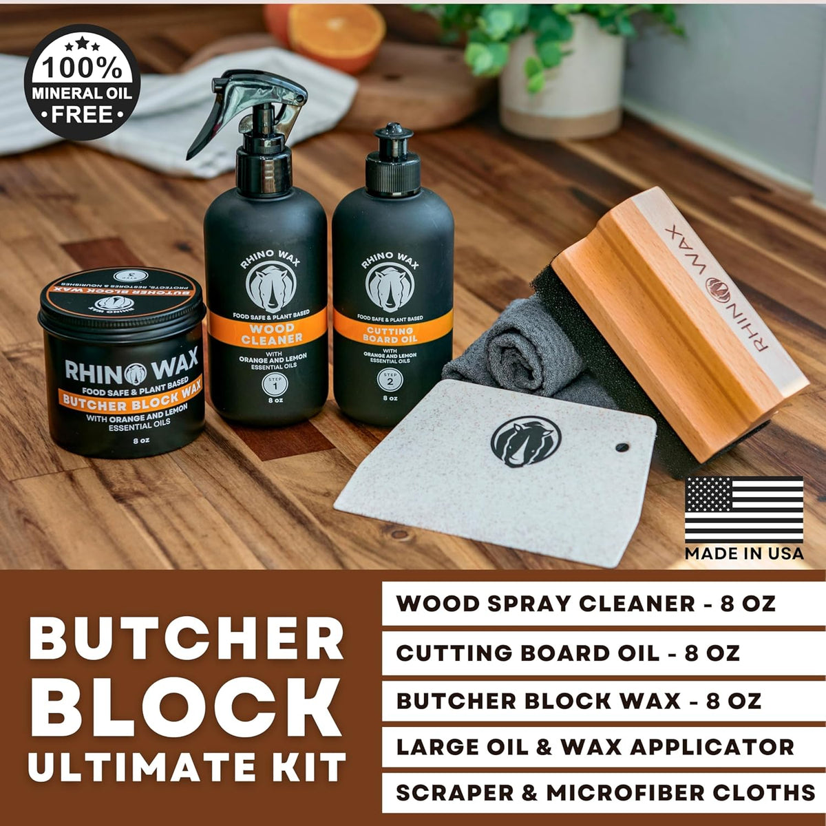 Butcher Block Ultimate Care Kit - Includes Cutting Board Oil, Wax, Wood Spray Cleaner, Bench Scraper, LG Applicator, 3 Cloths - for Butcher Block Countertops and Large Cutting Boards