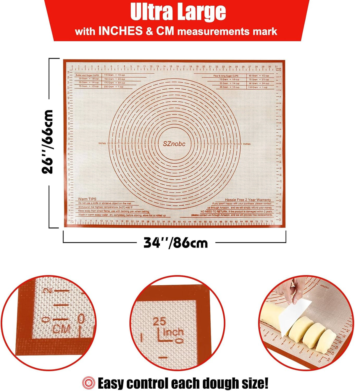 Silicone Pastry Mat 36'' By 24'' Extra Large Baking Mat with Measurements for Dough Rolling, Kneading Board, Kitchen Counter Mats, Perfect for Dough, Fondant, Pie Crust, Cookies, Bread, Pasta, Pizza