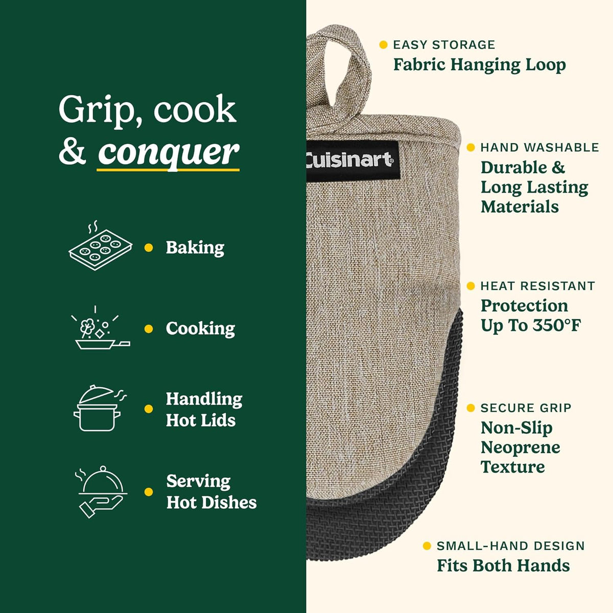 Cuisinart Mini Oven Mitts – 5.5” x 7” Heat-Resistant Kitchen Mitts for Oven with Non-Slip Neoprene Palm, Cotton Filling, and Fabric Loop – Durable Oven Mitt Set for Cooking & Baking (Taupe)