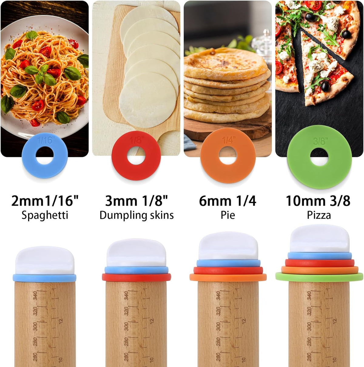 Unokit Rolling pin 3-Piece Set, 17.5" Rolling Pin with Adjustable Thickness Rings, Wooden Dough Roller, Rolling Pins for Baking Pizza, Pasta, Bread - Baking Essentials