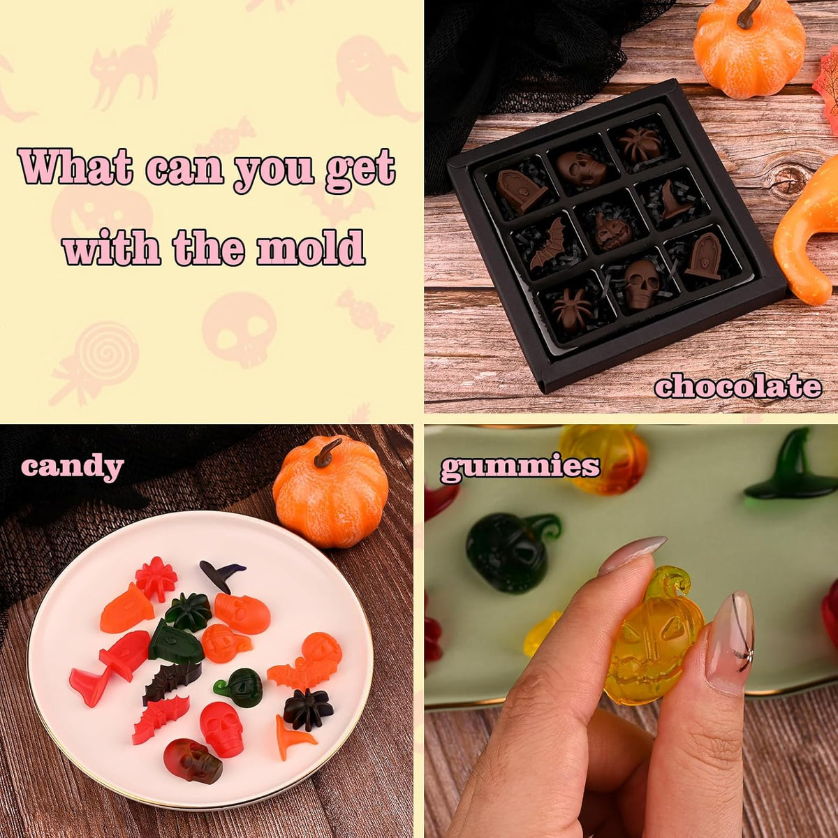 Actvty Halloween Chocolate Silicone Mold, 4 Packs Candy Gummy Molds of 18 Cavity with Skull Pumpkin Ghost Witch Hat Bat Spider Tombstone Shapes for Baking Chocolate Gummy Jelly Dessert