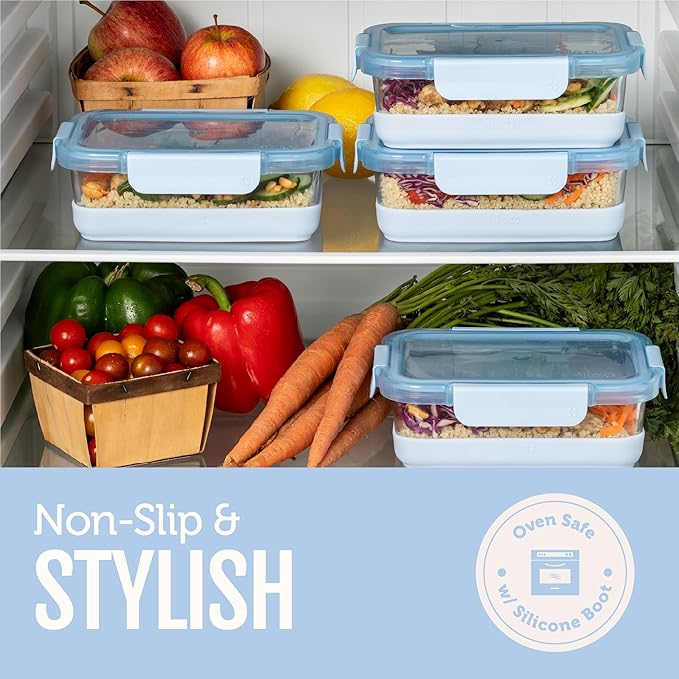 Ello Duraglass 3.4 Cup Meal Prep Sets 10Pc, 5 Pack Set- Glass Food Storage Container with Silicone Boot and Airtight BPA-Free Plastic Lids, Dishwasher, Microwave, and Freezer Safe, Halogen Blue