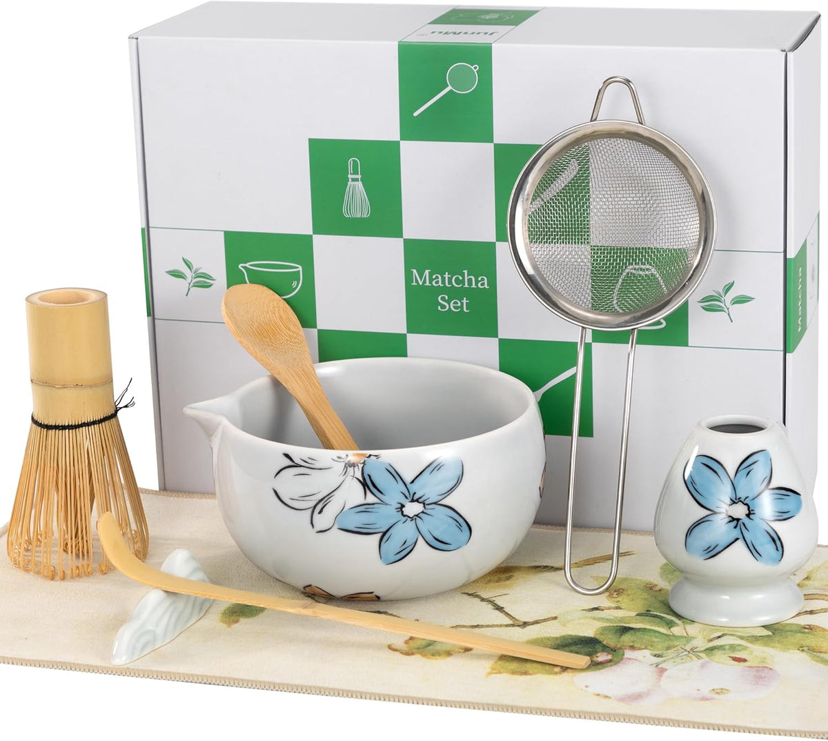 Matcha Whisk Set Cute,8pcs Matcha Set Whisk And Bowl,Matcha Kit Set With Bamboo Whisk,Ceramic Matcha Bowl,Sifter,Scoop,Holder,Towel,Stand,Spoon,Unique Gift for Japanese Matcha Tea Lover