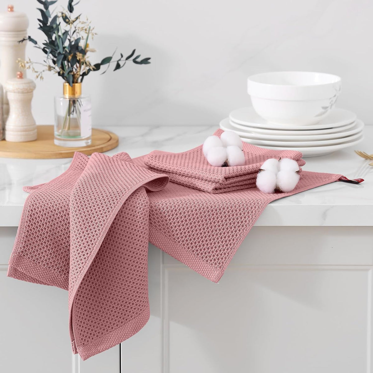 Kitinjoy 100% Cotton Kitchen Dish Cloths (12 X 12 Inches, Dried Roses),6 Pack Waffle Weave Ultra Soft Absorbent Dish Towels for Drying Dishes Quick Drying Kitchen Towels Dish Rags