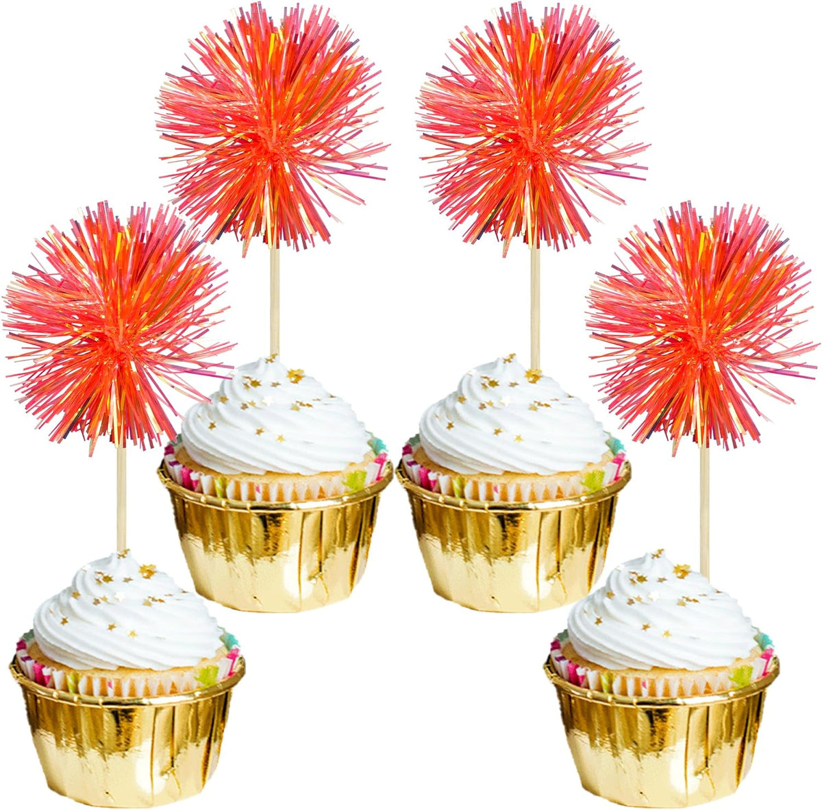 Gyufise 30Pcs Foil Firework Cupcake Toppers Sparkle Tinsel Cake Toppers Tinsel Drink Cake Decoration Cocktail Picks for Birthday Wedding Graduation Party Supplies Dark Orange