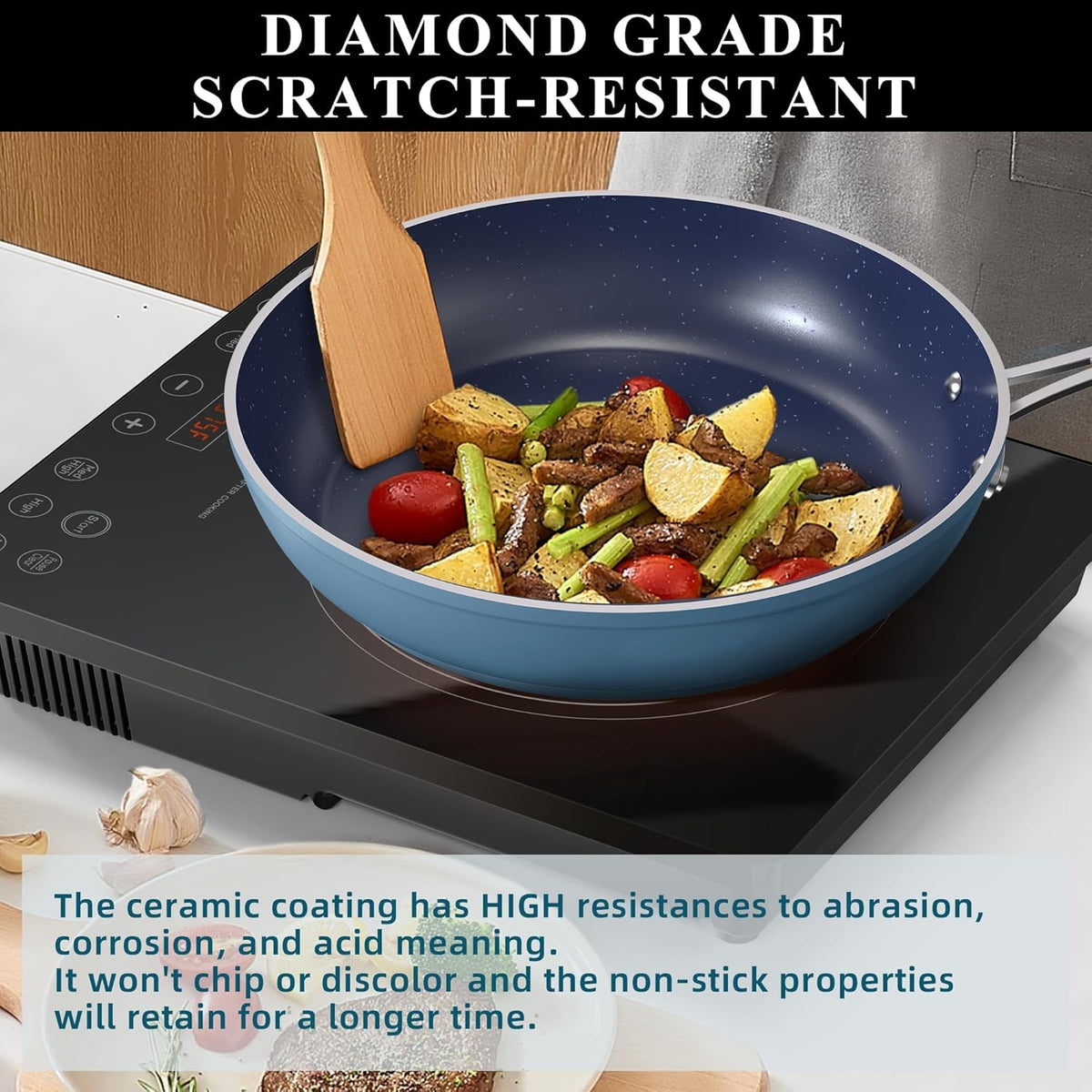 Nuwave 9pc Cookware Set Healthy Duralon Blue Ceramic Nonstick Coated, Diamond Infused Scratch-Resistant, PFAS Free, Oven Safe, Induction Ready & Evenly Heats, Tempered Glass Lids & Stay-Cool Handle