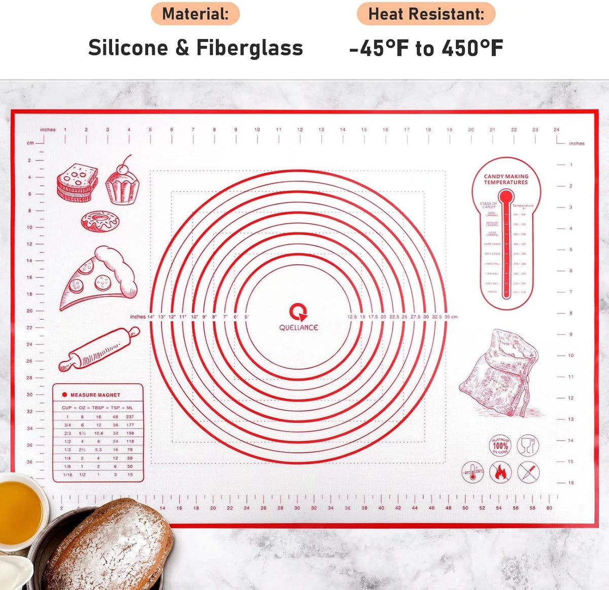Silicone Baking Mat with Measurements, Pastry Mat for Rolling Out Dough, Kitchen Counter Mat, Red, 20" x 28", Fondant Mat/Oven Liner Mat