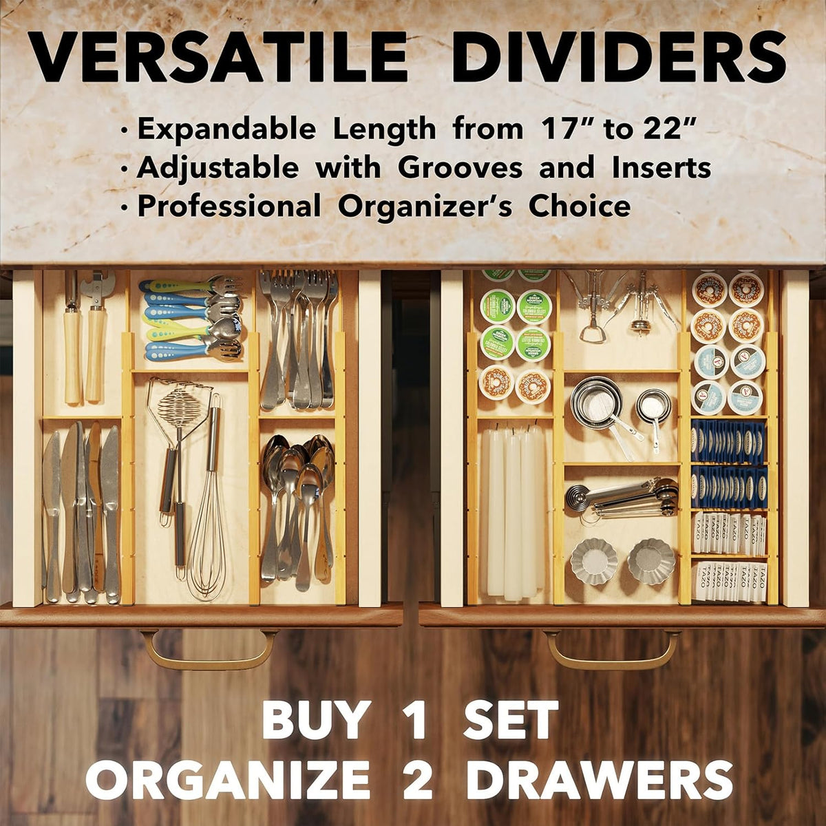 SpaceAid Bamboo Drawer Dividers with Inserts and Labels, Kitchen Adjustable Drawer Organizers, Expandable Organization for Home, Office, Dressers, 7 Dividers with 15 Inserts (17"-22" Natural)