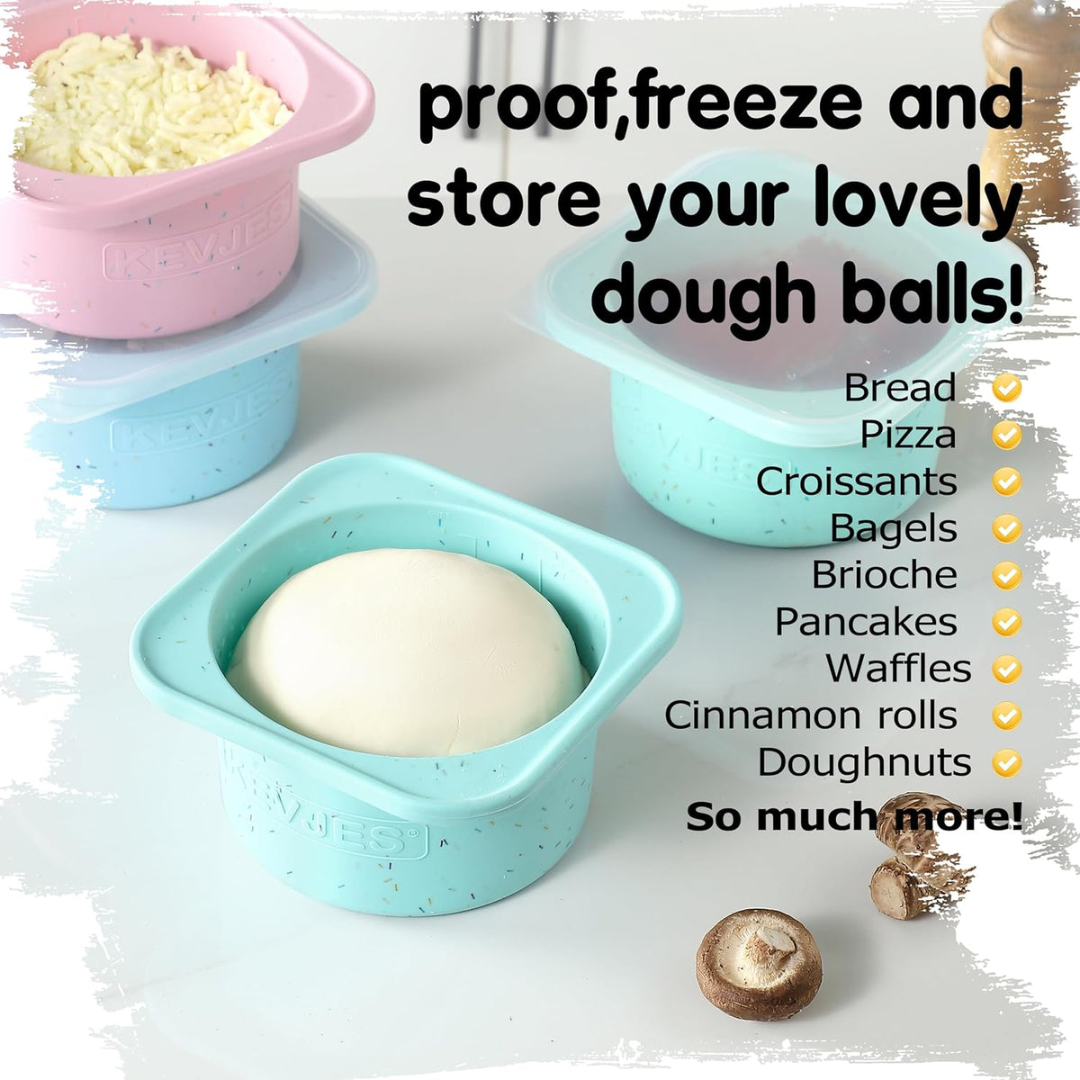 PLUS 1000ml Pizza Dough Proofing Containers for DIY family Artisan Pizza, Food Grade Silicone Stackable Boxes with Lids, Freezer, Fridge, Dishwasher Safe-Sprinkles Pattern-3 Pack (Bondi Mint)