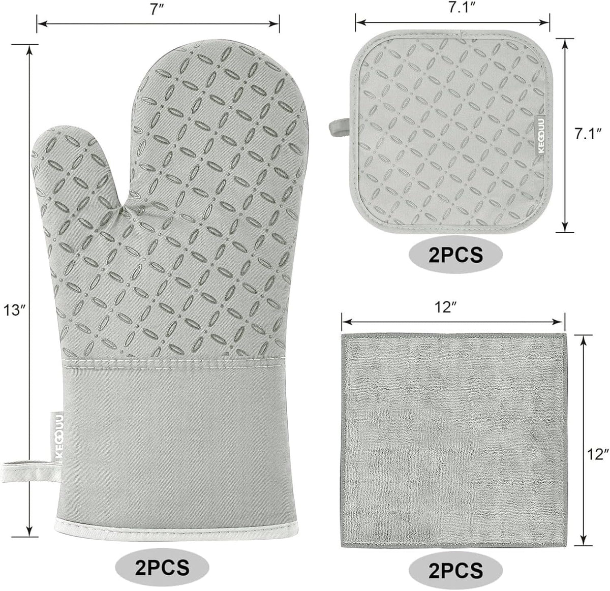 KEGOUU Oven Mitts and Pot Holders 6pcs Set, Kitchen Oven Glove High Heat Resistant 500 Degree Extra Long Oven Mitts and Potholder with Non-Slip Silicone Surface for Cooking （Greenish Gary）