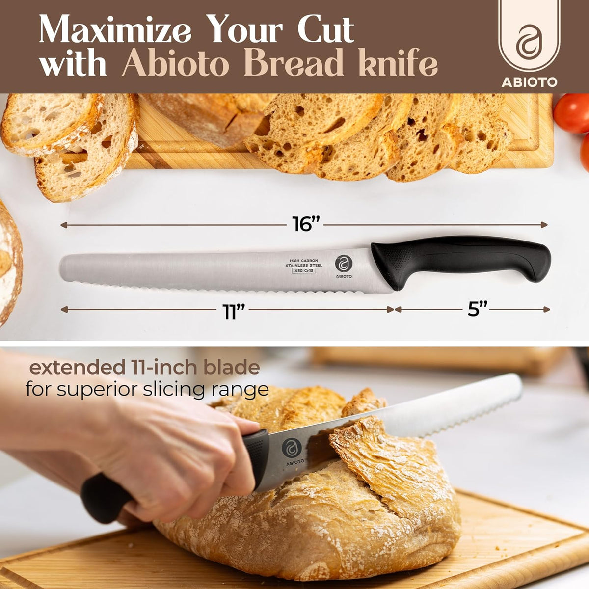 Serrated Bread Knife for Homemade Bread Sourdough - Perfect 11-Inch Sourdough Bread Knife Made of High Carbon Stainless Steel X30 Cr13 with One-Sided Sharp Serrations and Ergonomic Handle
