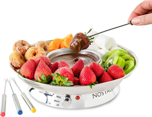 Nostalgia Electric Fondue Party Set – 10 oz Melting Pot, 4 Roasting Forks, & Detachable Serving Tray – Melted Cheese, Chocolate, or Dessert – Perfect for Gifts, Parties, Date Night – Stainless Steel