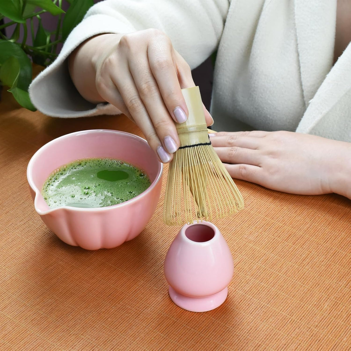 Artcome 4 Pcs Japanese Matcha Tea Set - Matcha Bowl with Pouring Spout, Matcha Whisk, Tea Scoop, Whisk Holder, Handmade Matcha Ceremony Kit For Japanese Tea Ceremony, Rose