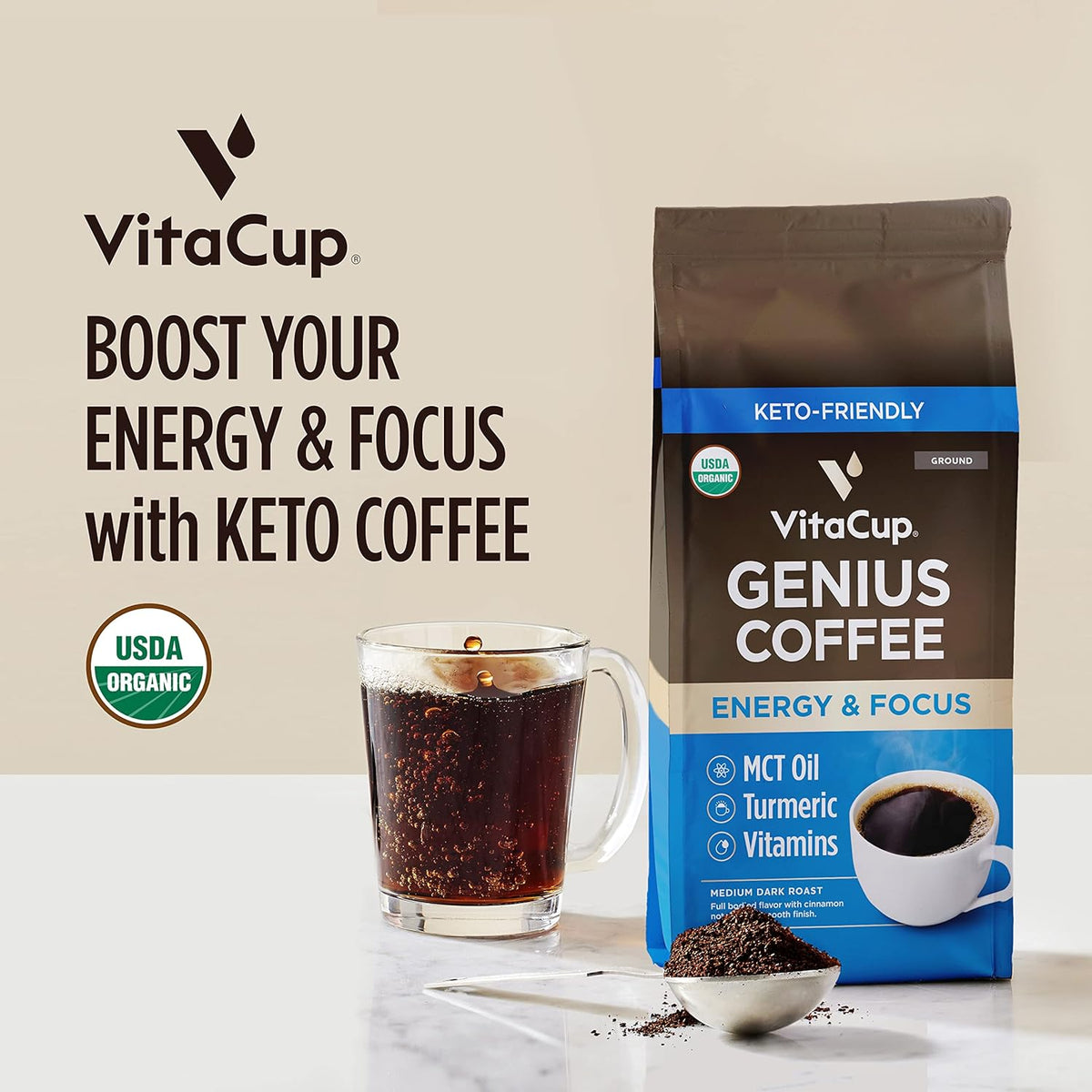 VitaCup Organic Genius Ground Keto Coffee, Increase Energy & Focus w/MCT Oil, Turmeric, B Vitamins, D3, USDA Organic Ground Coffee Medium Dark Roast, 100% Arabica Coffee Grounds, 3 bags, 10 oz each
