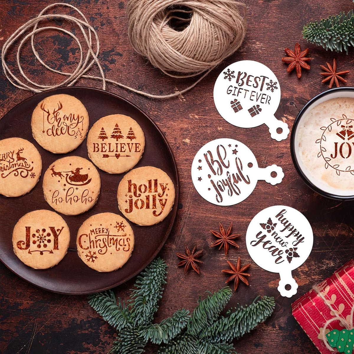 JULBEAR 36 Pieces Reusable Christmas Cake Stencils Templates Molds Tools for Christmas Holiday New Year Cookies Baking Painting Dessert Coffee Decoration