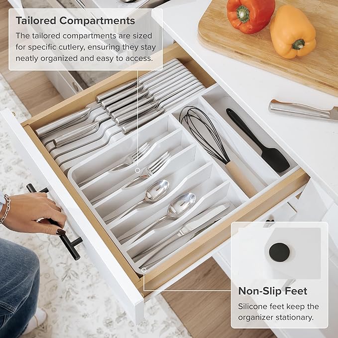 Silverware Organizer - Cutlery, Flatware, and Utensil Holder for Kitchen Drawers, Fixed 10.5” Width, 7 Storage Compartments, Non-Slip Feet, Rounded Corners, 100% Bamboo, White Finish