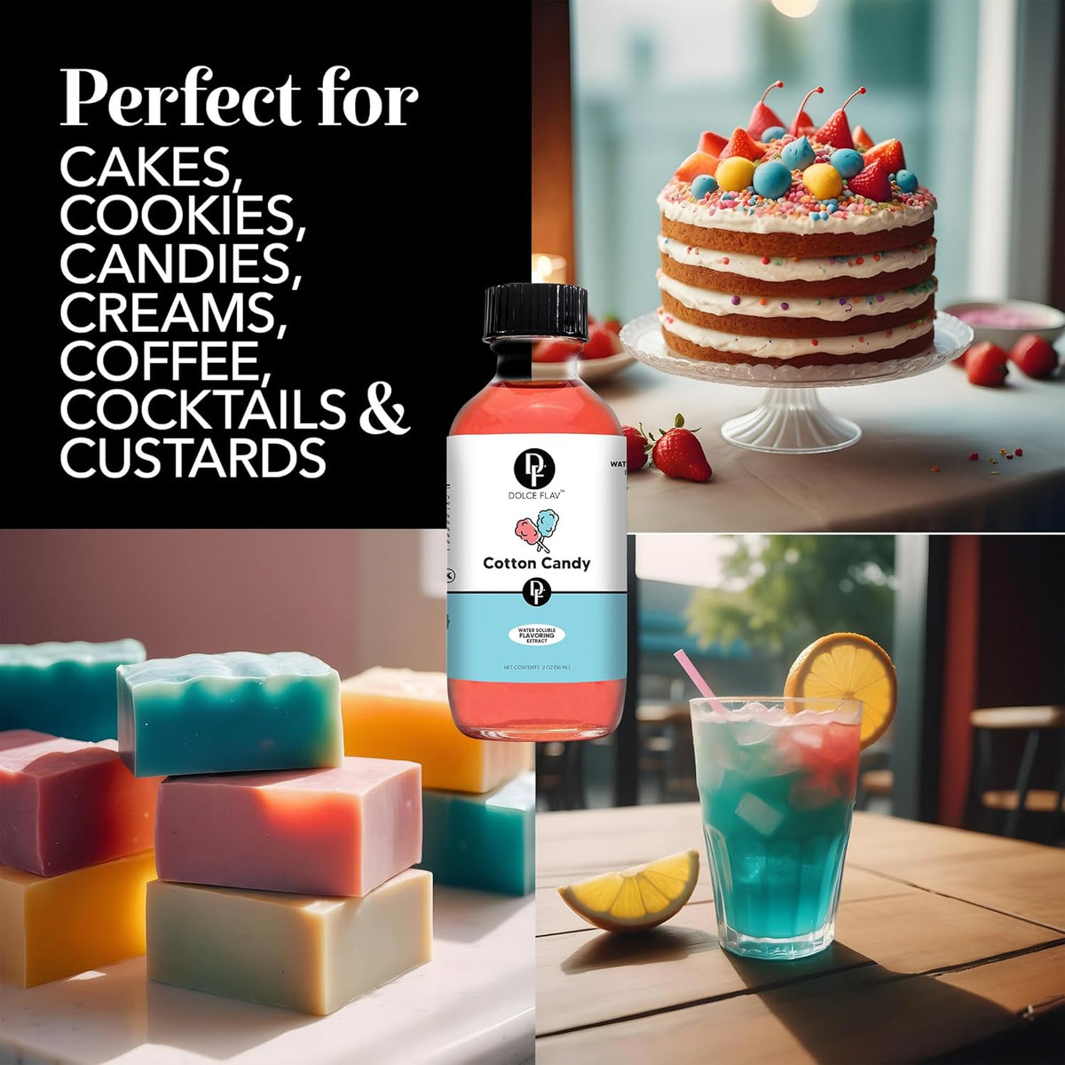 Dolce Flav Cotton Candy Extract – Kosher, Sugar-Free, Concentrated Carnival-Style Flavoring for Baking, Frostings & Drinks, Includes Measured Dropper, 2 oz Pack of 2