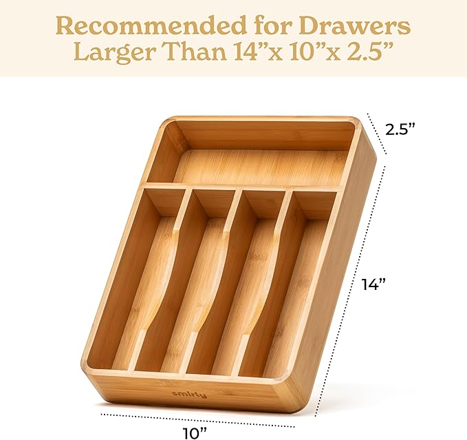 SMIRLY Silverware Drawer Organizer – Bamboo Kitchen Drawer Organizer, Adjustable Utensil Holder and Cutlery Tray, Drawer Dividers for Flatware and Kitchen Utensils