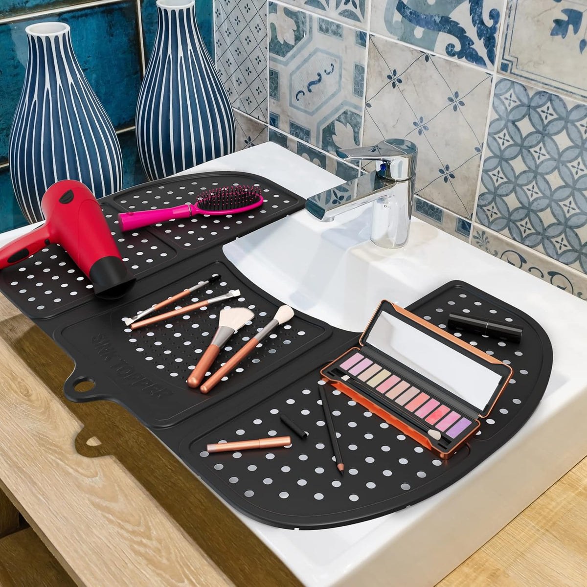 Sink Topper Bathroom Counter Cover & Storage Saver, Foldable Silicone Mat for Hot Tools, Hair Styling & Makeup, Beauty Brush Cleaning Mat, RV Camper Sink Cover & for Small Spaces (Large Black)