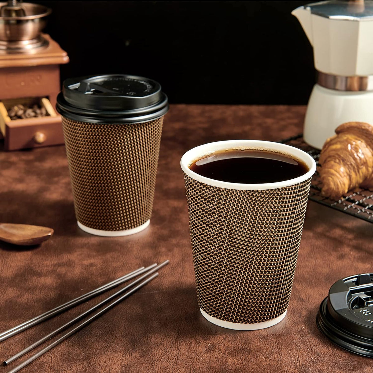 LITOPAK 80 Pack 12 oz Paper Coffee Cups, Insulated Ripple Wall Hot Coffee Cups with Lid and Straws, Brown Three Layer Insulated Hot Beverage Cups for Parties, Picnic, and Travel
