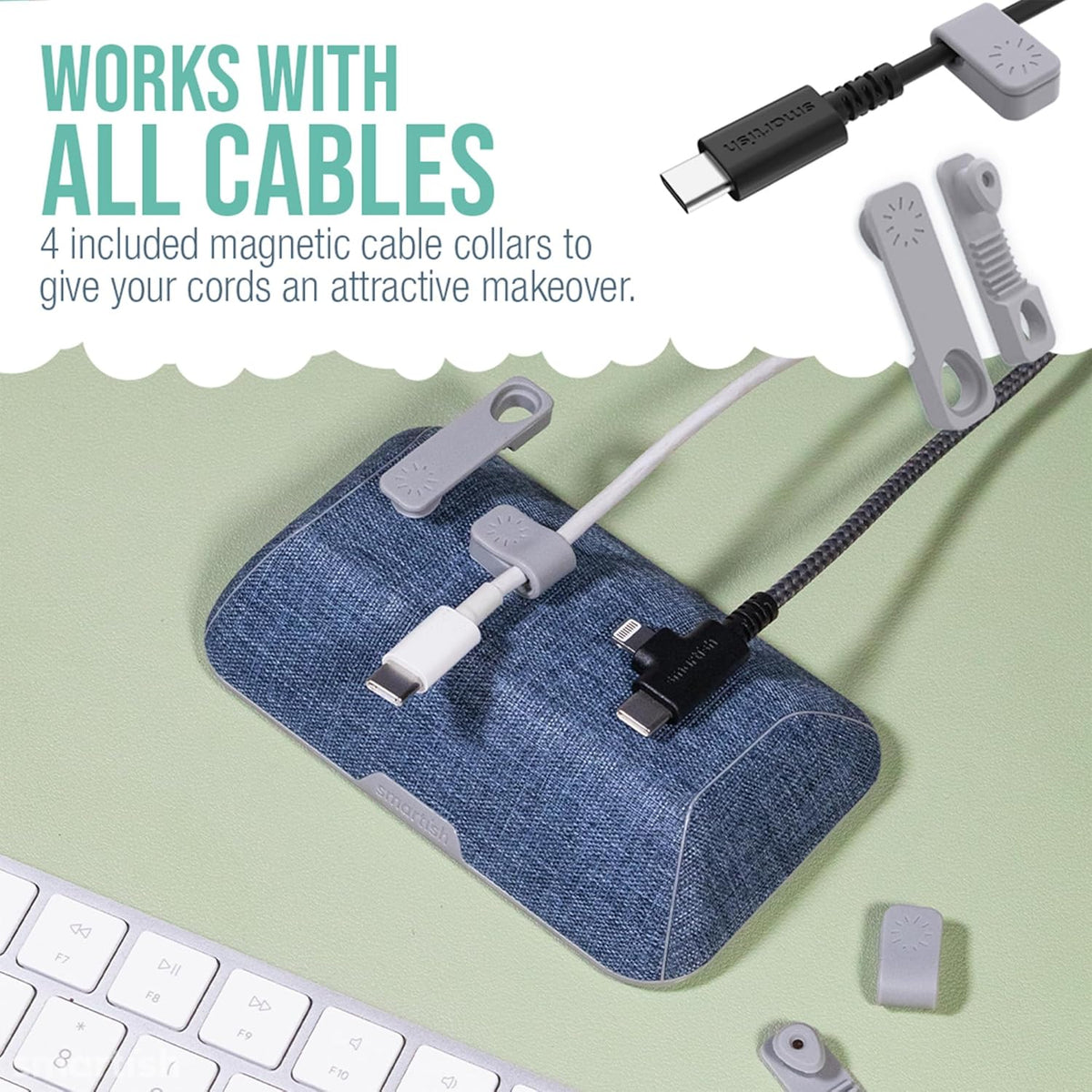 Smartish® Magnetic Cord Holder - Bigger Cable Wrangler Organizer with Magnet Clips for Charger Management on Desktop, Nightstand, or Side Table - Holds 6+ Cables - Blue Jeanie