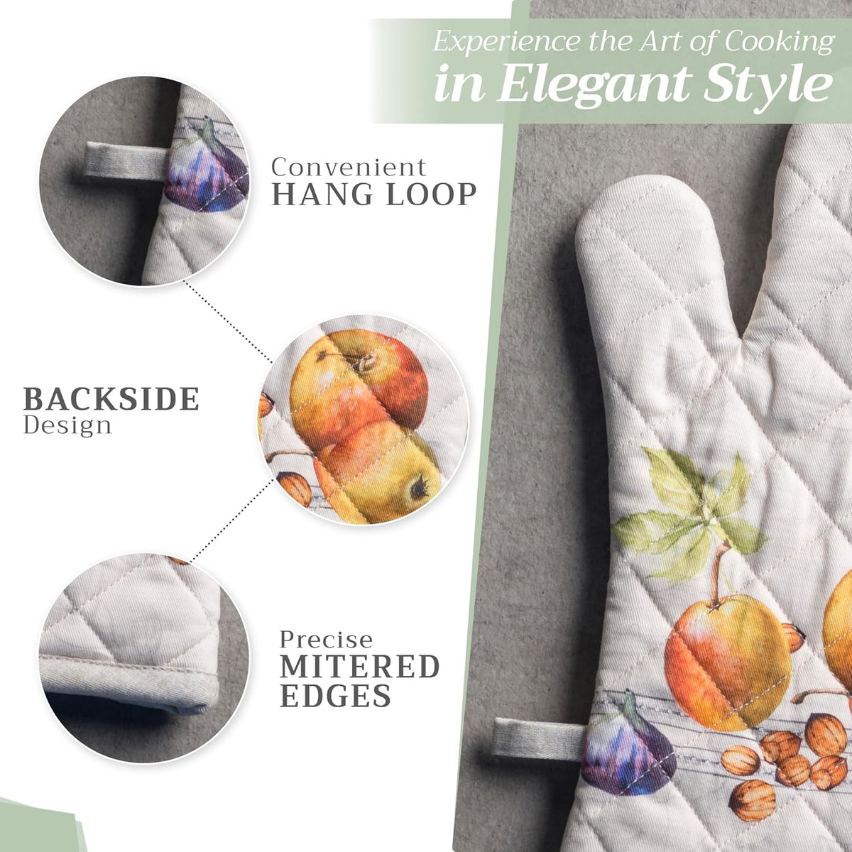 Maison d' Hermine 100% Cotton Oven Mitt & Pot Holder Set (7.5"x13" & 8"x8") Heat Resistant BBQ Cooking Gloves with Loop, Baking, Grilling, Kitchen, Handling Hot Pans (Fruit D'Hiver)