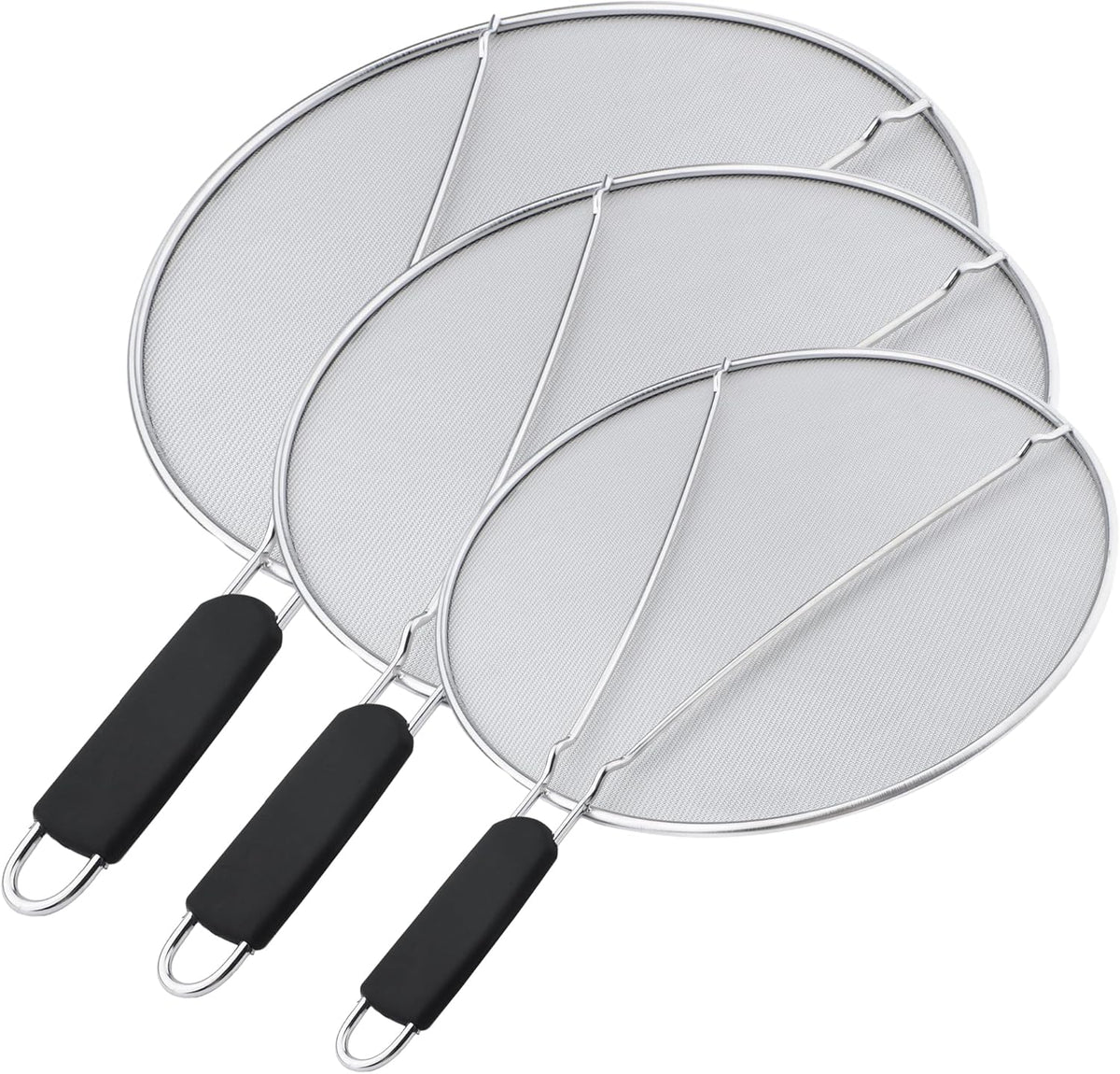 13'', 11.5'', 9.8'' Stainless Steel Grease Splatter Guard for Frying Pan with Comfortable Grip Handle, Ultra Fine Mesh Prevents Oil Splatters and Messes, Heavy Duty Splatter Screen