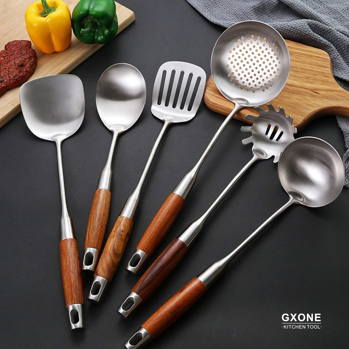 Large Serving Spoons,304 Stainless Steel Cooking Spoon with Heat Resistant Wooden Handle,Silver/12.4Inch