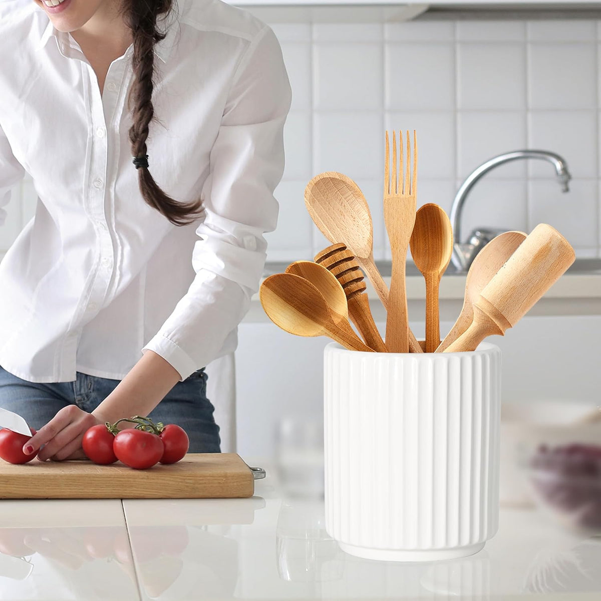 Small Utensil Holder for Kitchen Counter (H5.51” x W4.92”), Countertop Utensil Holder for Kitchen Ceramic, Utensils Crock for Countertop, Includes Silicone Drying Mat, White