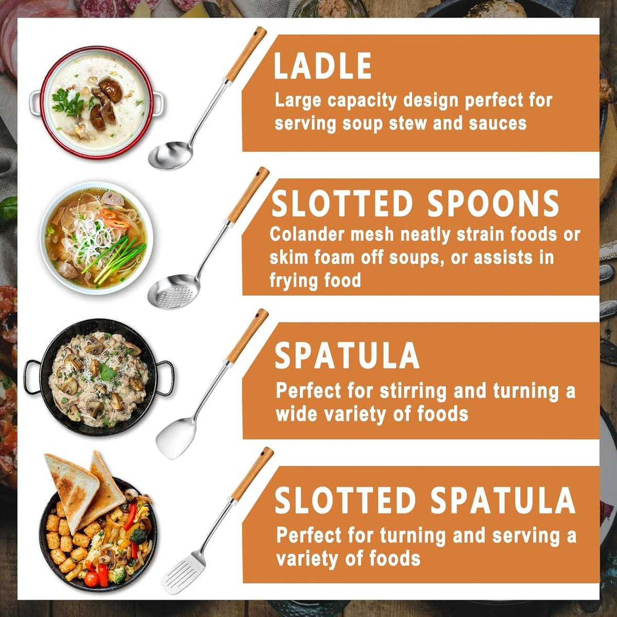 Pleafind 4-Pcs Cooking Utensils Set, Stainless Steel Kitchen Utensils with Wooden Hanlde, Kitchen Essentials Set Include Wok Ladle, Slotted Spoon, Wok Spatula and Slotted Spatula, Dishwasher Safe